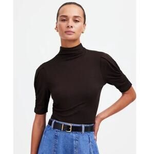 NWT Madewell Drapey Puff Sleeve Mockneck Top Dark Carob Brown Ruched Sleeve XS